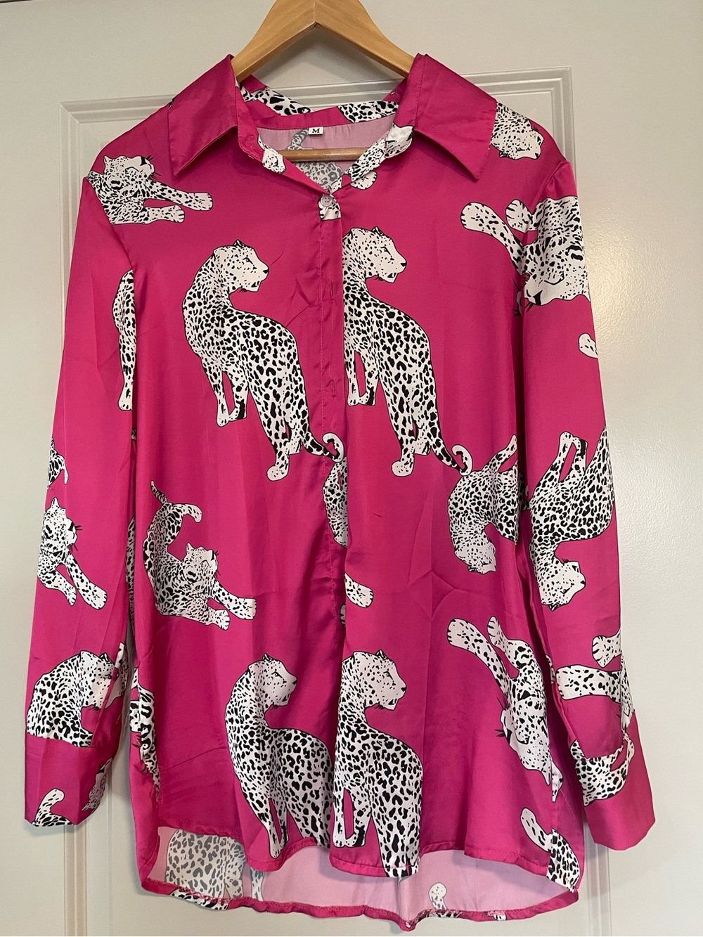 Bright Pink Leopard Print Button-Up Blouse